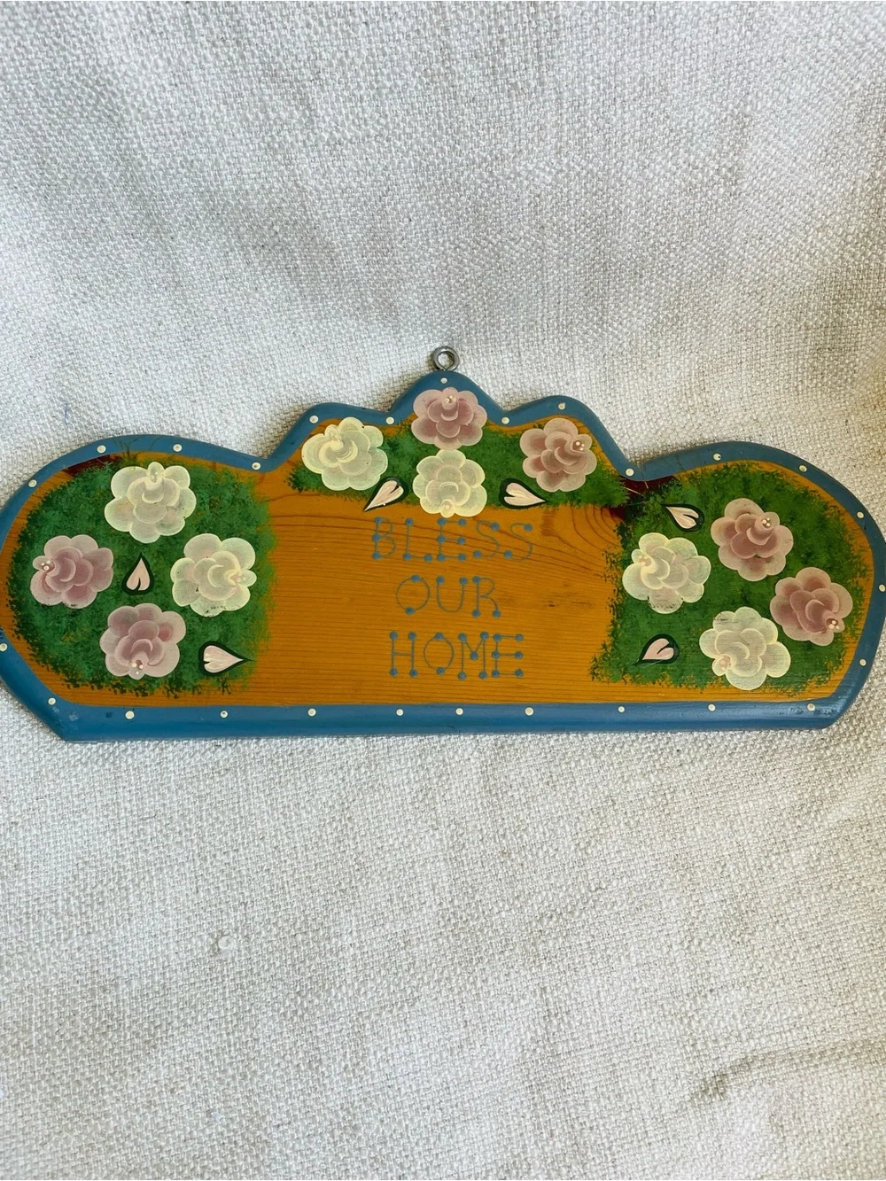 Vintage Handpainted Folk Floral 'Bless Our Home' Solid Wood Wall Plaque 16 x 8